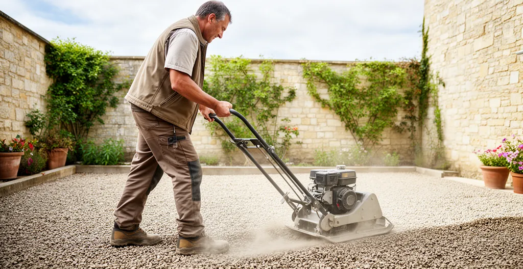 Homme utilisant une plaque vibrante pour compacter le gravier d'une cour résidentielle