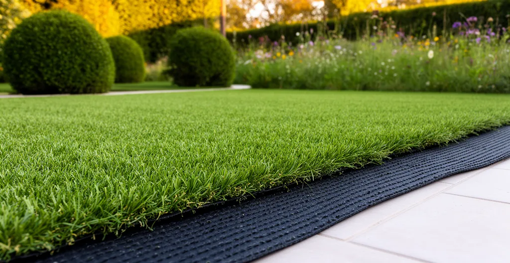 Installation de gazon synthétique avec couche de géotextile noir visible en bordure