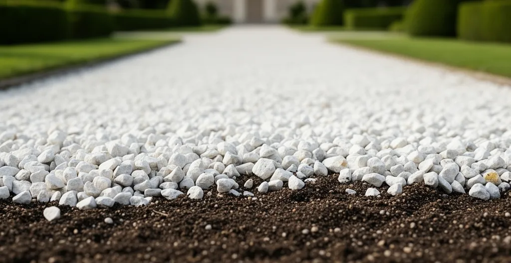 Gravier blanc mélangé à la terre montrant le problème d'enfoncement sans géotextile