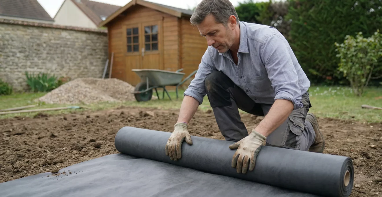 Propriétaire déroulant un géotextile noir sur sol préparé dans jardin résidentiel