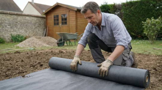 Propriétaire déroulant un géotextile noir sur sol préparé dans jardin résidentiel